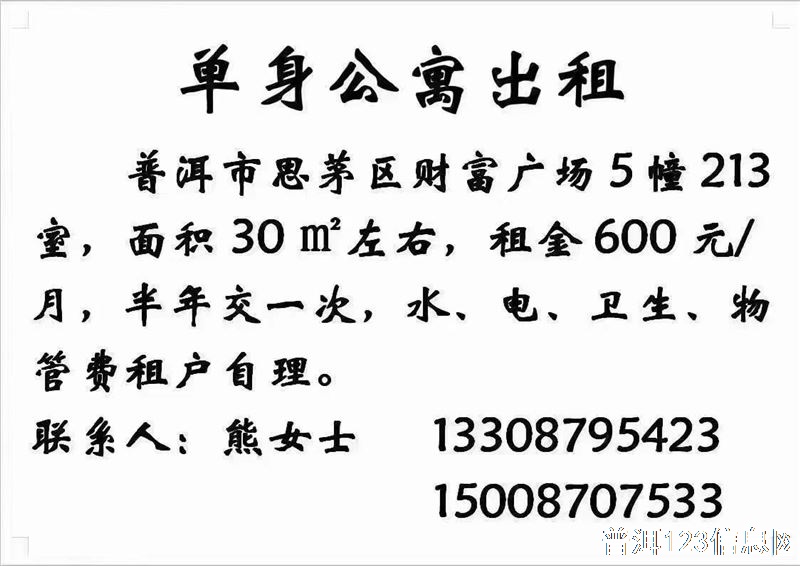 【公寓出租】城中心单身公寓出租，位于普洱市思茅区最城市中心黄金地段公寓出租，租金600元/月